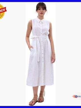 Pure Linen Midi Dress with Pockets and Removable Belt
